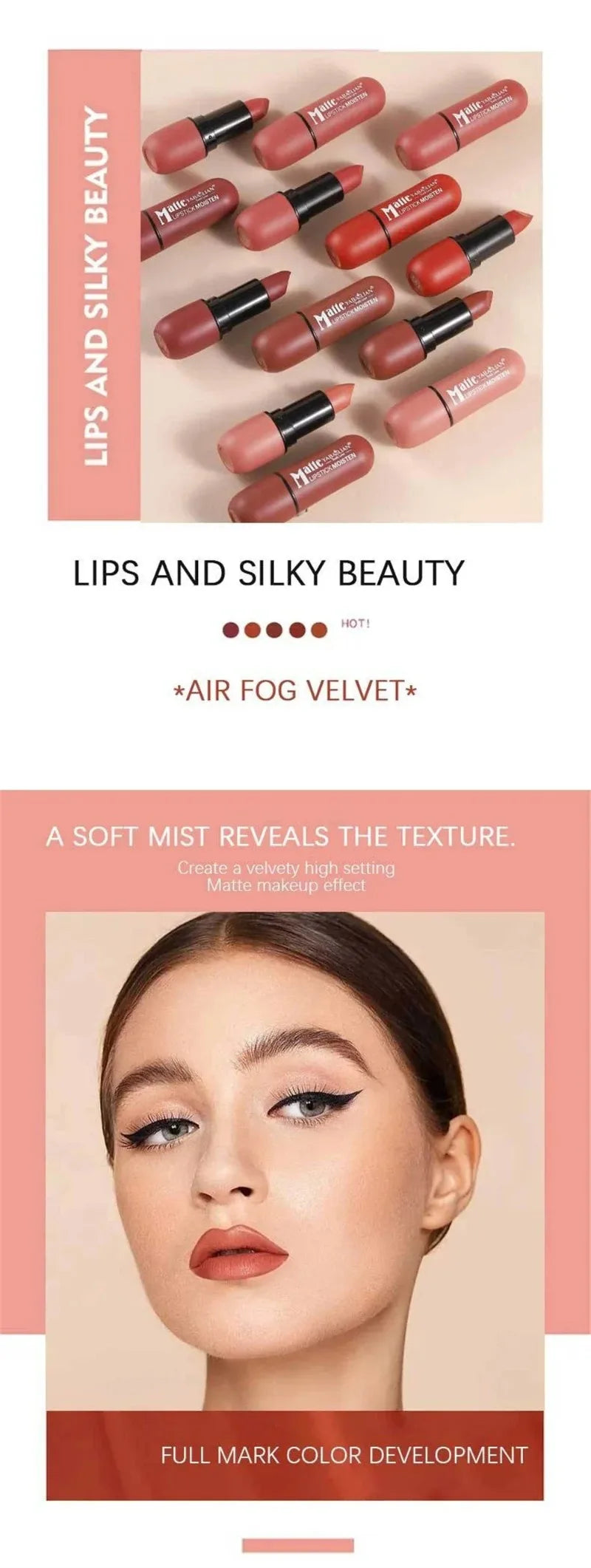 6-Color Matte Velvet Sexy Lipstick Waterproof Long-Lasting Nude Brown Lipstick Smooth High Pigment Profissional Lipgloss Makeup Pi-Mart