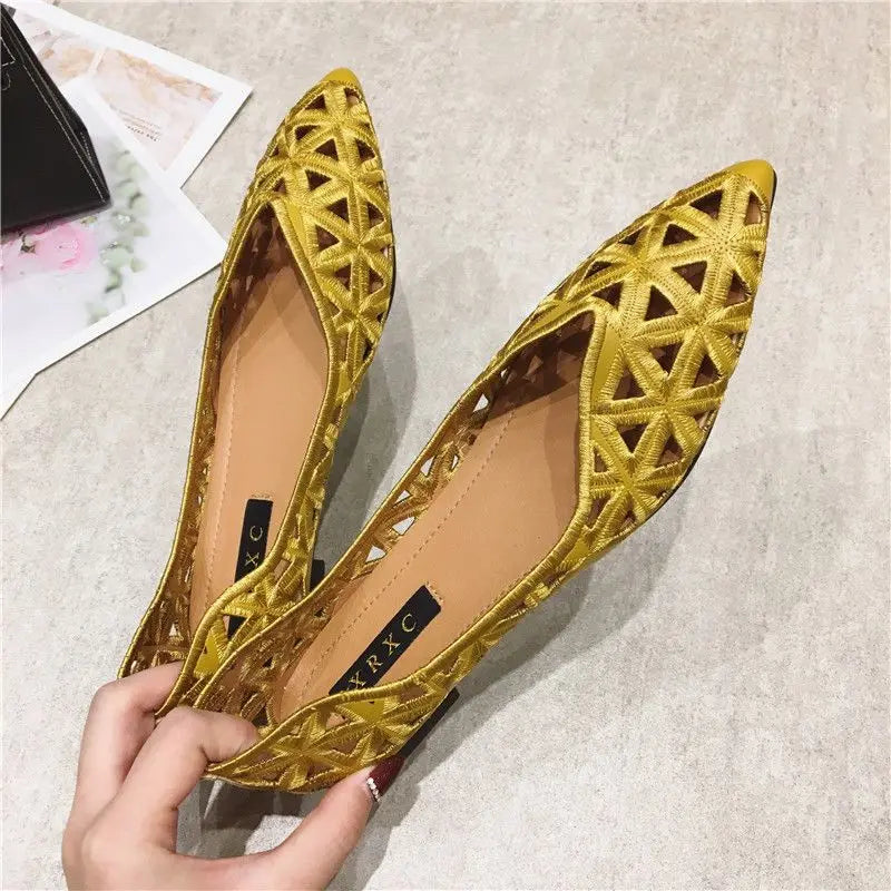 Flat Shoes Women 2026 Summer Pointy Joker Hollow Leisure Commuter Flat Spring Elegant Women's Shoes Breathable Hole Shoes Pi-Mart