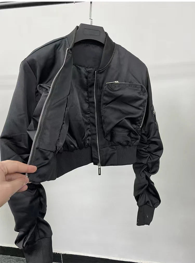 Y2k Bomber Jacket Women Baseball Jersey Jacket Zip Cropped Coat High Waist Spring Autumn Long Sleeve Outerwear Trend Tops Black LadyShow.Store