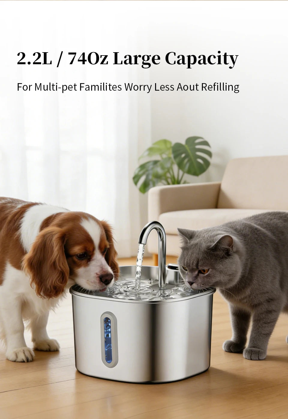 Large Capacity Cat Water Fountain Stainless Steel Automatic Pet Drinking Fountain for Indoor Cats Dogs Quiet Cat Water Dispener Pi-Mart