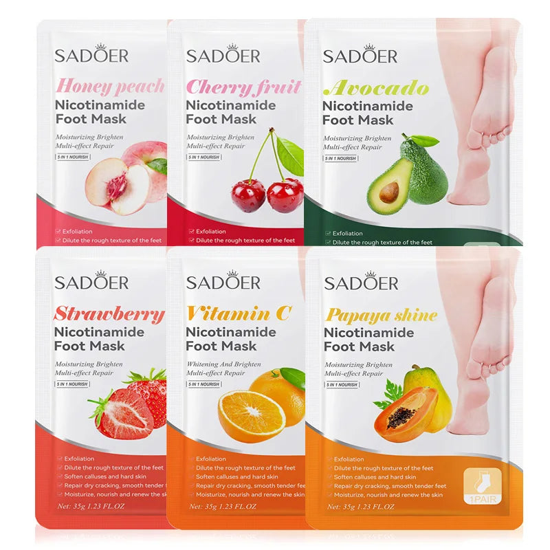 6 Pairs SADOER Fruits Foot Mask Moisturizing Foot Peeling Mask Exfoliating For Feet Spa Pedicure Exfoliant Feet Skin Care Pi-Mart