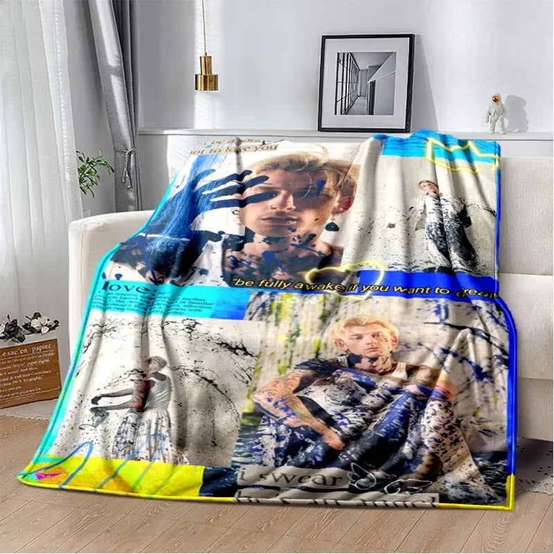 Machine Gun Kelly Poster Printed Flannel Warm Blanket Rapper Music Art Blankets Bedroom Sofa Bed Travel Picnic Blanket Fan Gift Pi-Mart