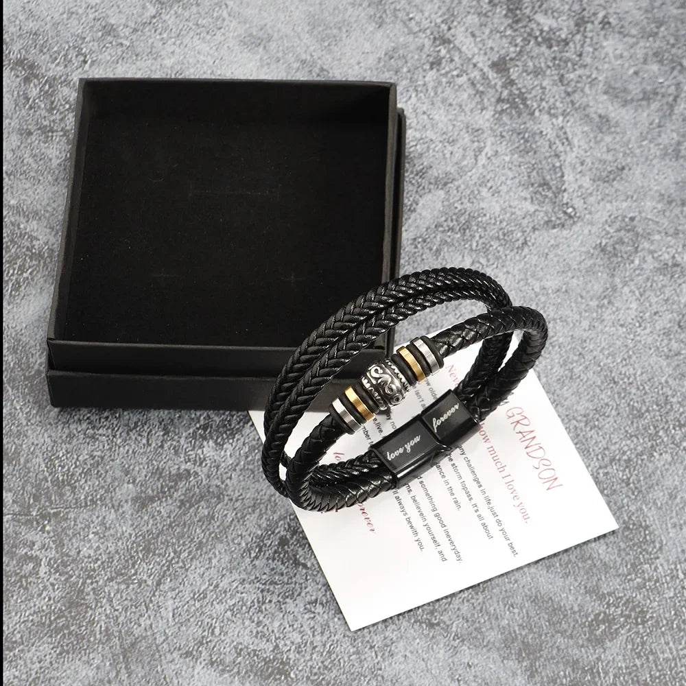 Bracelet for Son/Grandson From Parents, Stainless Steel Leather Bead Grown Up Meaningful Graduation Gifts for His Birthday 8.5" Pi-Mart