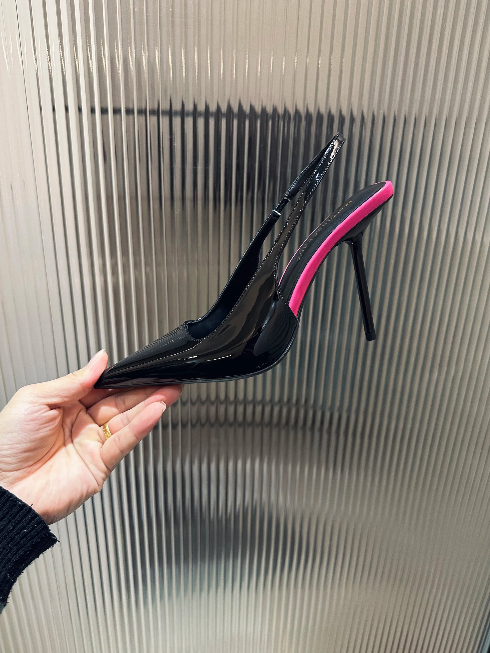 New Patent Leather Pointed Back Hollow Thin Heel Women's Sandals High Heels Thin Heel Sexy Back Hollow Temperament Single Shoe Pi-Mart
