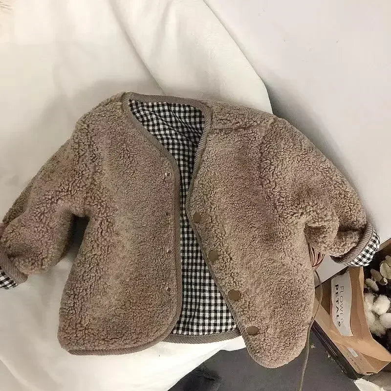 HoneyCherry Autumn and Winter New Warm Jacket Children Two Sides Wear Plaid Plush Jacket Kids Jackets Pi-Mart