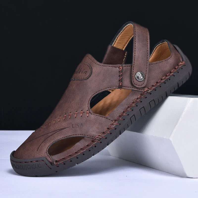 New Handmade Summer Sandals Men Breathable Leather Shoes Man Outdoor Men Sandals Antiskid Beach Sandals Hollow Shoes Fashion Pi-Mart