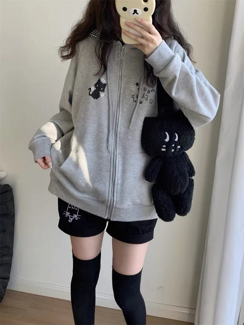 Zipper Hoodie Gothic Cartoon Kawaii Cat Ear Y2k Jacket Zip Up Thin Coat Spring Autumn Cute Core 2000s Clothes Fall Sweatshirts LadyShow.Store