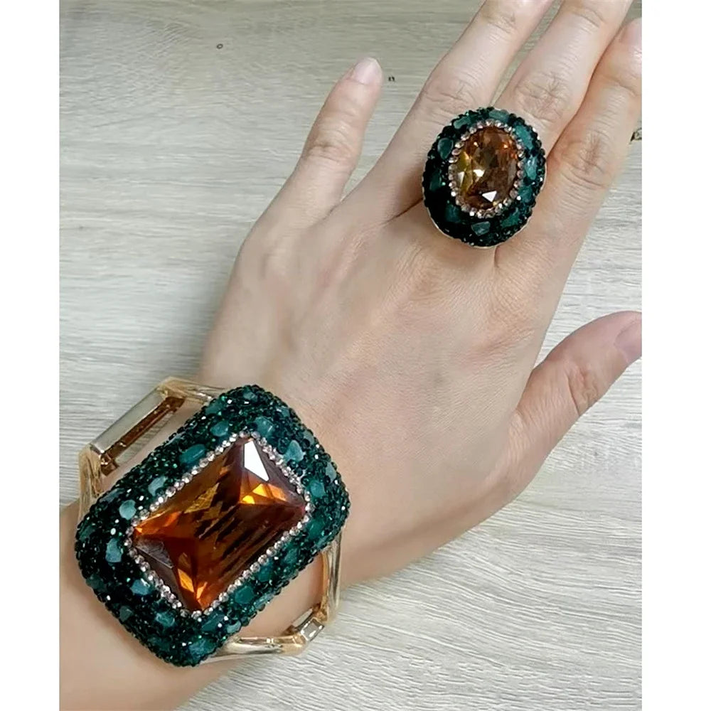 Round Colored Change Sultanite Crystal Bangle Rings Sets for Women Necklace Earring Rings Golden Green Zultanite Quartz Jewelry Pi-Mart
