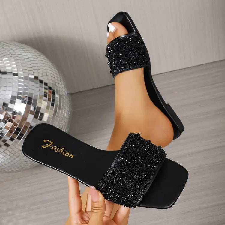 Women's Black Beaded Flat Slide Sandals 2026 Summer Square Toe Slip On Slippers Plus Size 43 Party Dress Shoes LadyShow.Store