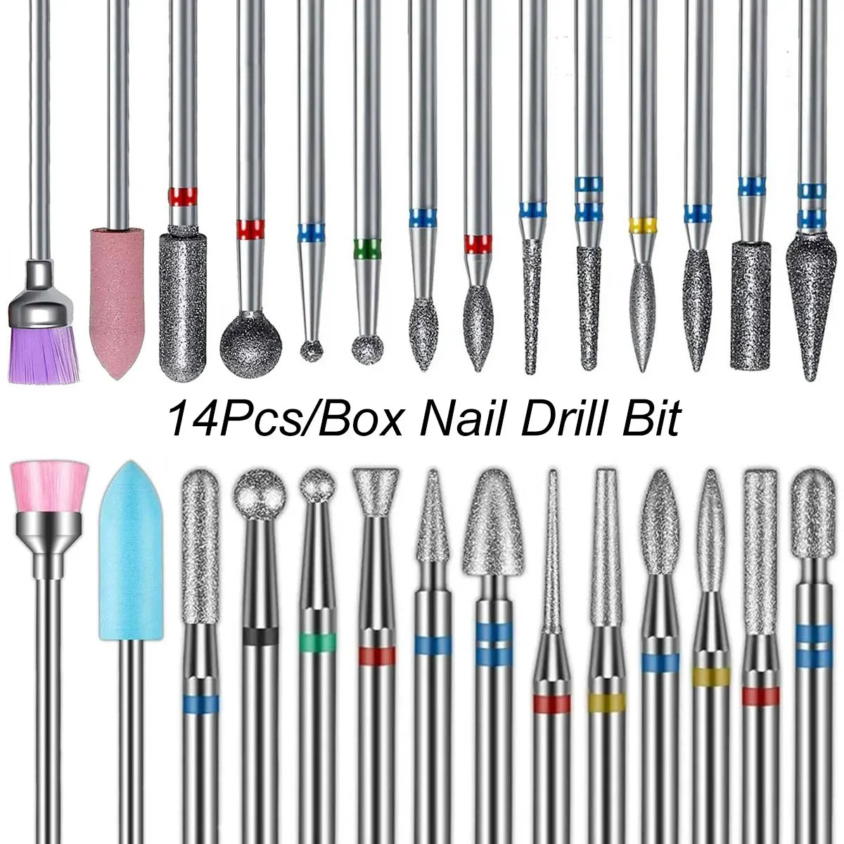 14pcs/set Nail Drill Machine Bit Nail Gel Removal Polishing Tools Pedicure Manicure Rotary Grinding Buffer Polisher Tri Light Beauty