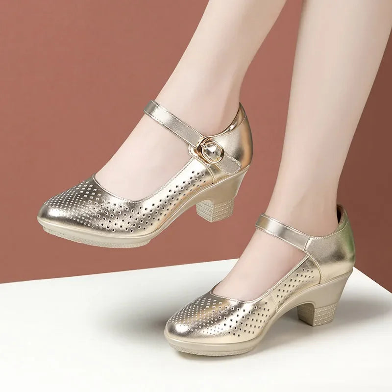 5.5cm 7.5cm Small Size 33 Breathable Cutout Block Heels Shoes Mary Janes 2026 Soft Leather Platform Pumps for Mom Dance Model Pi-Mart