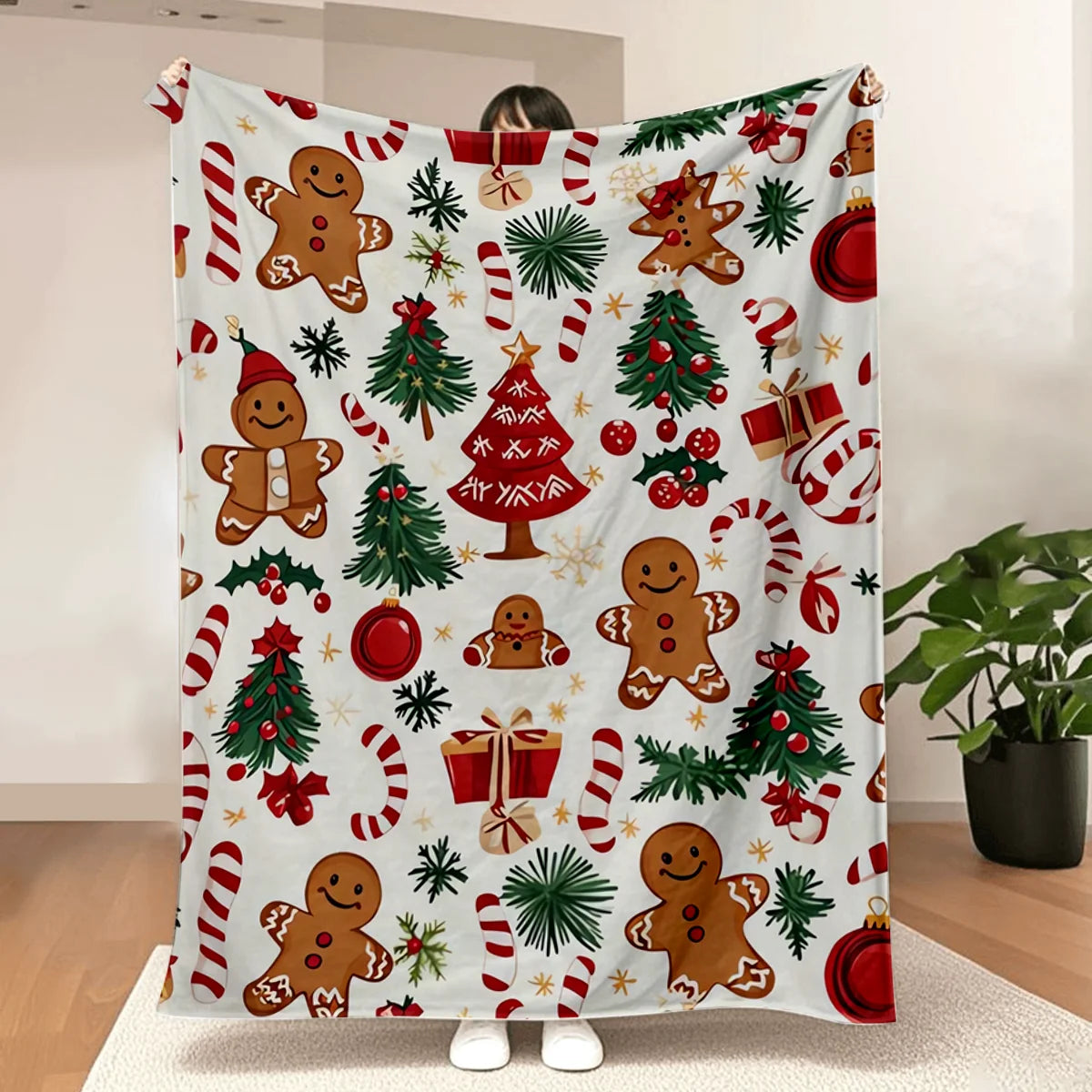 1pc Ultra-Soft Christmas Gingerbread Wonderland Print Flannel Throw Blanket- Festive Holiday Decorative Blanket Pi-Mart