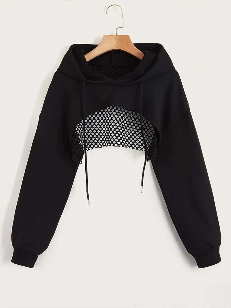 Street Sport Drop Shoulder Drawstring Hollow Out Super Crop Sports Hoodie Without Cami Top LadyShow.Store