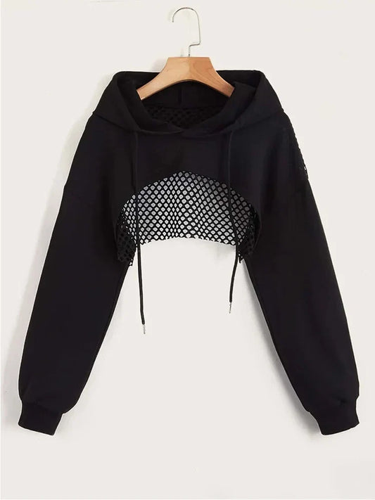 Street Sport Drop Shoulder Drawstring Hollow Out Super Crop Sports Hoodie Without Cami Top LadyShow.Store