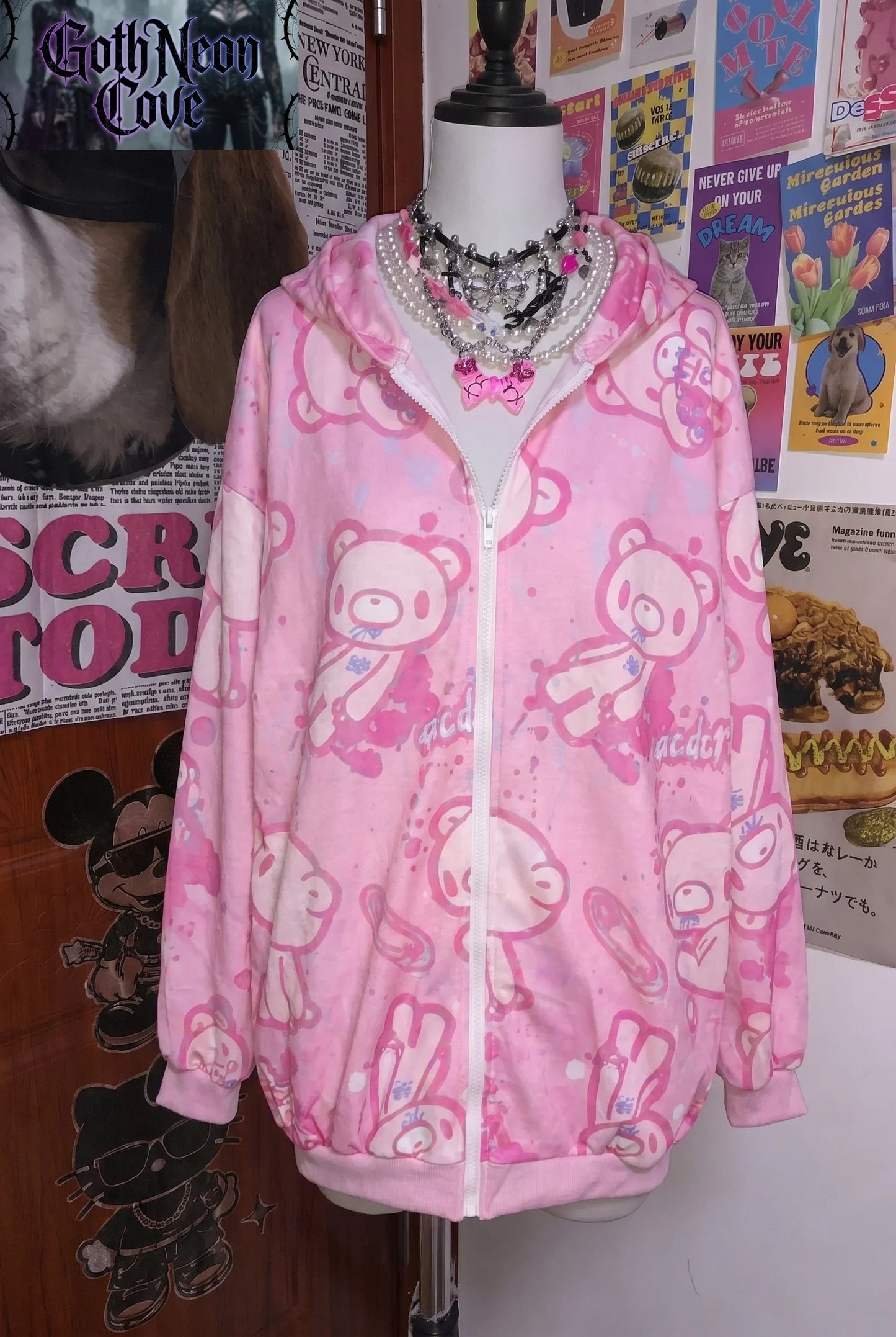 American High Street Y2K Hoodie Women's Cartoon Printed Bear Long Sleeve Coat Subculture Graffiti Yami Kawaii Loose Hooded Coat LadyShow.Store