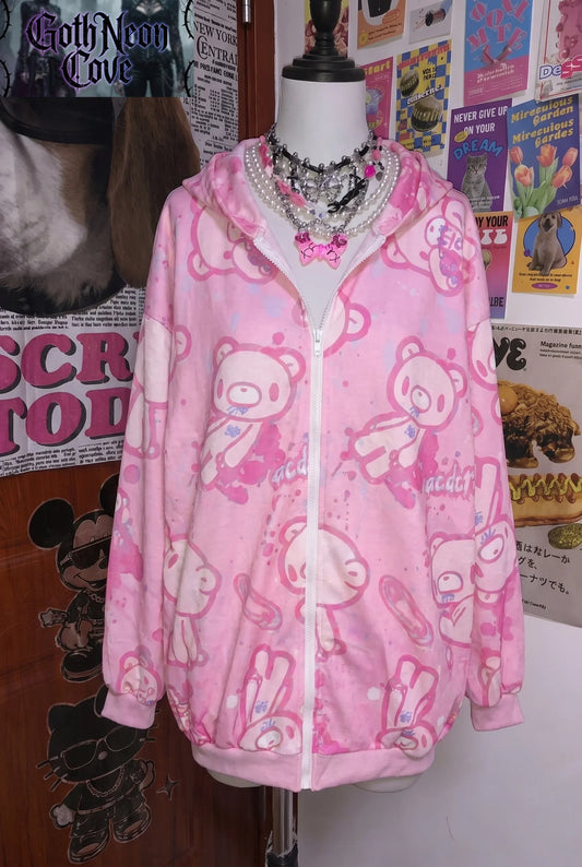 American High Street Y2K Hoodie Women's Cartoon Printed Bear Long Sleeve Coat Subculture Graffiti Yami Kawaii Loose Hooded Coat LadyShow.Store