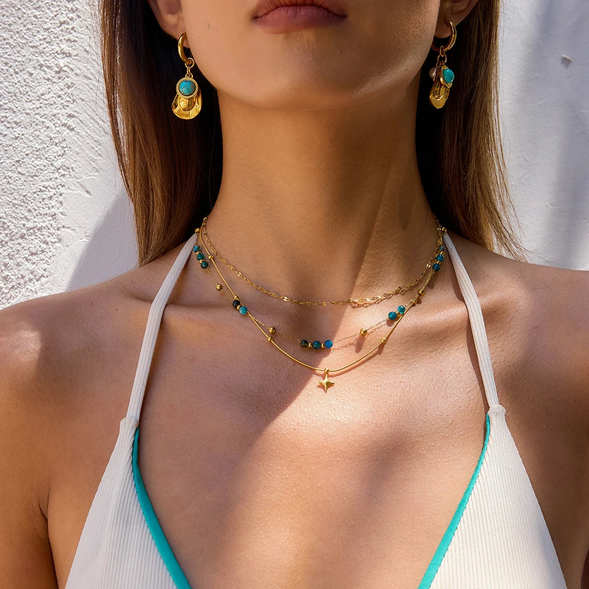 Zora Y2K Trendy 18K Gold Color Plated Sun Cross Fish Moon Pendant Multi Layer Necklace Waterproof Stainless Steel Women Jewelry Pi-Mart