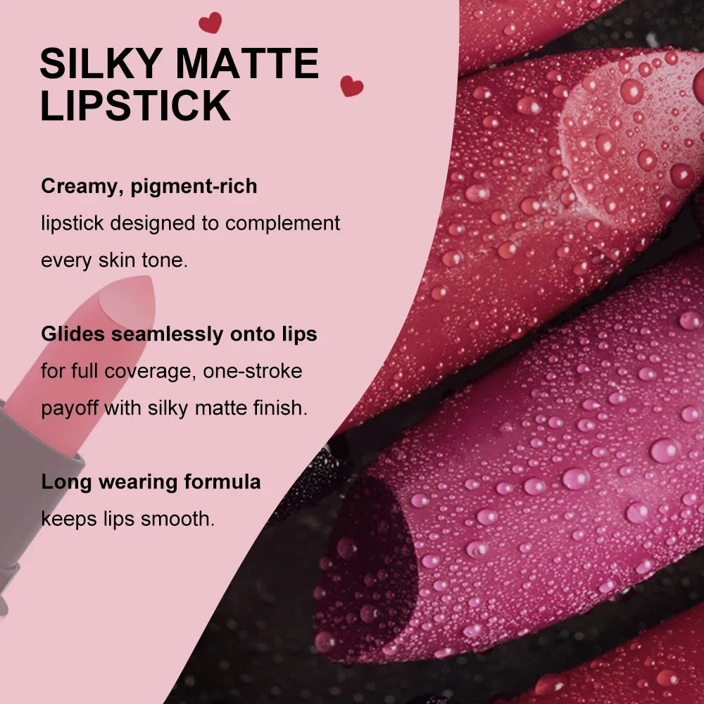 Matte Lipstick Nude Peach Brown Cherry Shades Velvety Smooth Long-Lasting Rich Pigment Waterproof Non-Stick Cup Lip Stick Makeup Pi-Mart