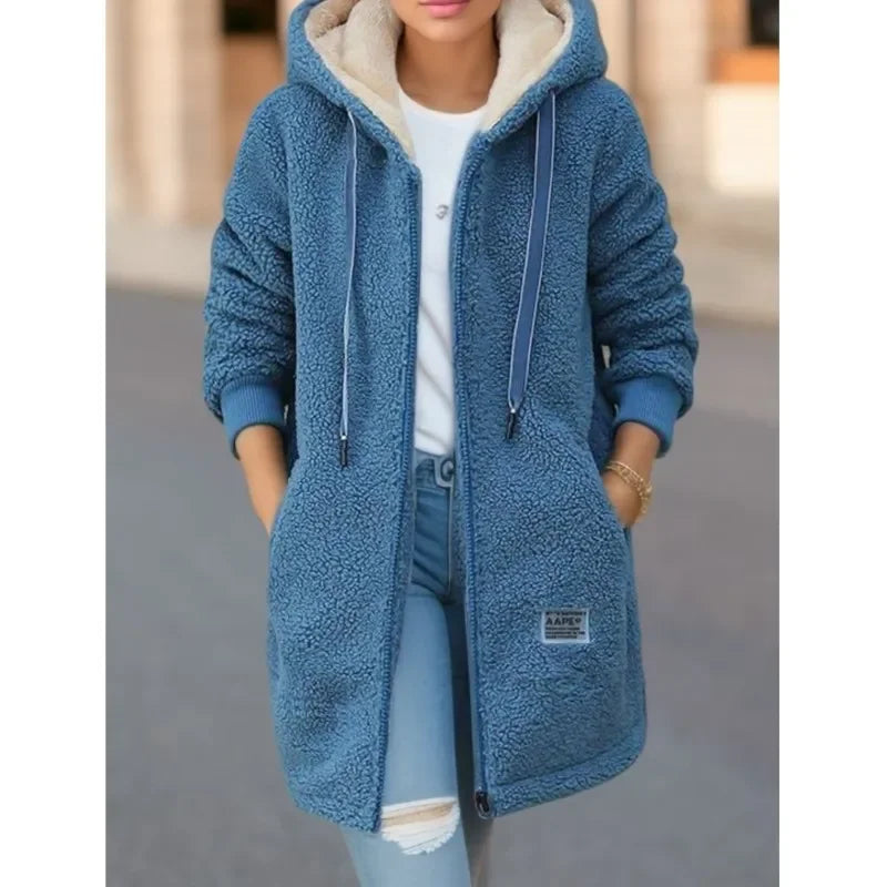Women's Hooded Top  Winter Coat Thickened Fleece-lined Sweatshirt Cardigan Winter Trendy New Style Lamb Wool Jacket Ladies Pi-Mart