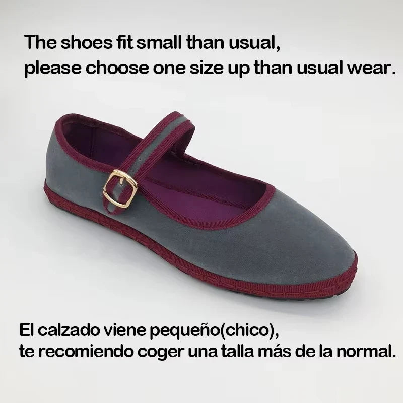 Velvet Mary Jane Shoes for Women Hand Stitch Casual Streetwear Ballet Flats Pumps Female Solid Color Red Cloth Shoes Loafers LadyShow.Store