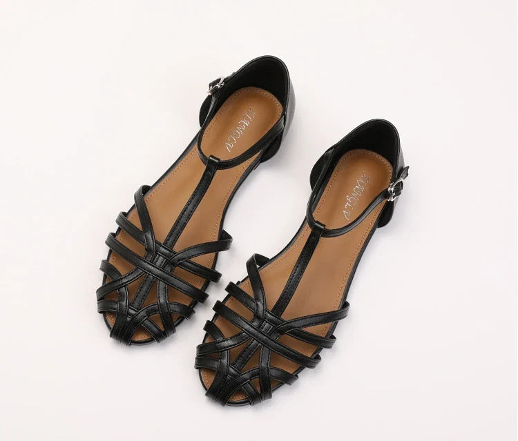ZAROY Women's Sandals Summer Casual Footwear T-tied Cross Strap Flat Sandals Weave Hollow Roman Sandalia Zapatos сандали LadyShow.Store