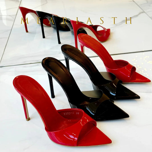 Ladies High-heeled Slippers Shoes Fashion Pointed Sexy Patent Leather Women with Open Toes and Party Wedding Stripper Sandals. LadyShow.Store