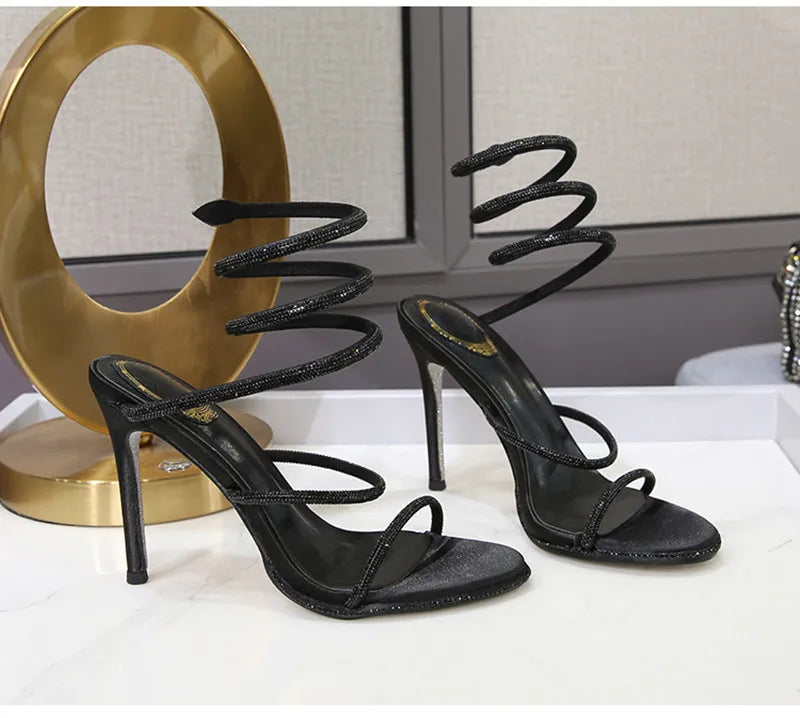 Fashion Summer Snake Twine Around Crystal Women Sandals Luxury Rhinestones Thin High heels Gladiator Sandals  Party Prom Shoes Pi-Mart