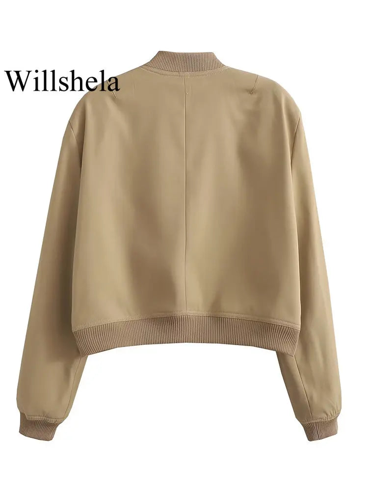 Willshela Women Fashion Solid Bomber Jackets Coat With Pockets V-Neck Single Breasted Long Sleeves Female Chic Lady Outfits LadyShow.Store