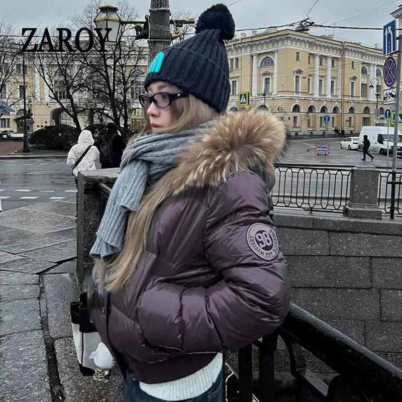 ZAROY Faux Fur Hooded Cotton Puffer Jacket Women Winter Quilted Zipper Pocket Coat Y2K Retro Padded Parkas High Street Outerwear LadyShow.Store