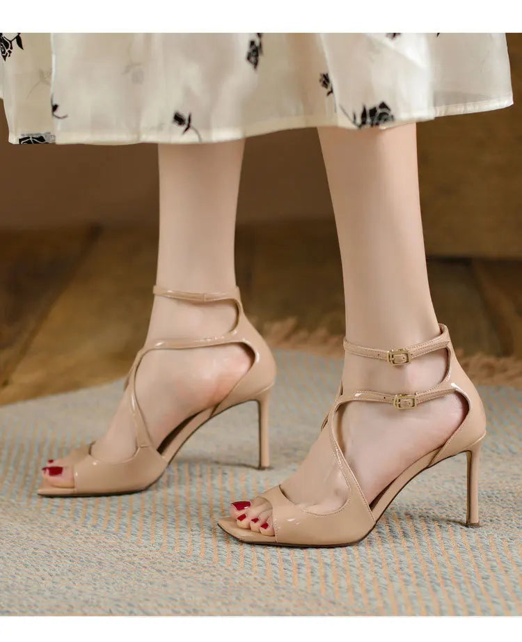 Luxury Sequined Women Gladiator Sandals Summer Designer Shoes for Women 2026 Square Head Hollow High Heels Fashion Ladies Shoes Pi-Mart