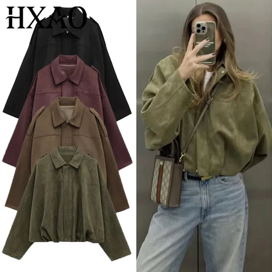 HXAO Women's Bomber Jacket Lapel Long Sleeve Zipper Suede Jacket Women 2025 High Street Cropped Racing Jackets Coats Outerwears LadyShow.Store