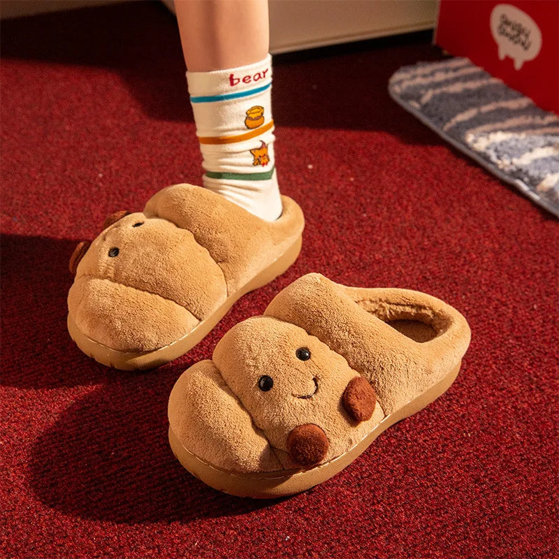 Cute Cartoon Fluffy Slippers For Women Men Winter House Shoes Furry Croissant Bread Style Anti-slip Couples Home Cotton Slides LadyShow.Store