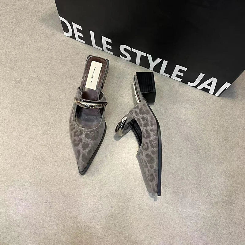 Summer Women Cover Toe Mules Slippers Fashion Metal Decoration Thick Heel Slide Shoes Comfort Street Style Footwear LadyShow.Store