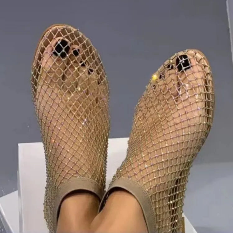 2024 Summer Women's New Round Toe Flat Bottom Sandals Hollow Short Boots Water Diamond Sexy Flat Bottom Fashion Banquet Slippers Pi-Mart