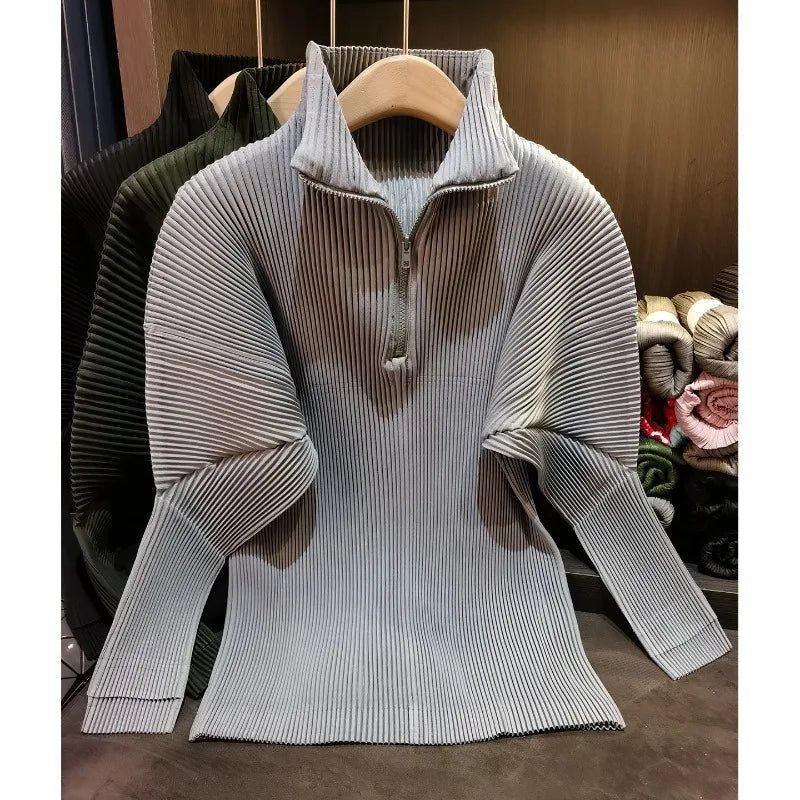 Miyake Pleated Sweatshirt Pit Stripe Zipper Standing Collar Jacket Women 2025 New Casual Pullover Hundred Pleat Skinny Tops LadyShow.Store