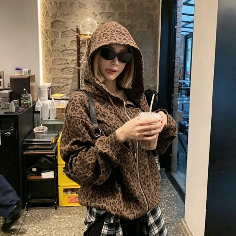 Y2K Leopard Print Hooded Jacket Women Full Zip Drawstring Hood Long Sleeve Loose Fit Streetwear Street Club Ladies Outerwear Pi-Mart