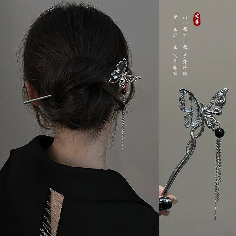 Ancient Chinese Style Elegant Butterfly Tassel Hair Stick for Women Girls Classical Hairpin Chinese Hair Accessories Jewelry Pi-Mart