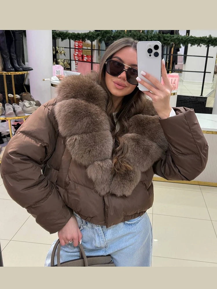 Luxury Thick Faux Fox Fur Collar Cropped Puffer Coat Women Oversized Lapel Zip Up Short Warm Windproof Winter Outerwear Jacket Pi-Mart