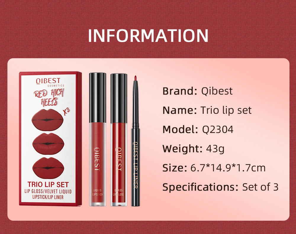 3pcs Matte Liquid Lipstick+Lip Liner Set Lip Glaze Makeup Nude Black Red Velvet Lip Gloss Long Lasting Lip Tint Cosmetics Kits Pi-Mart