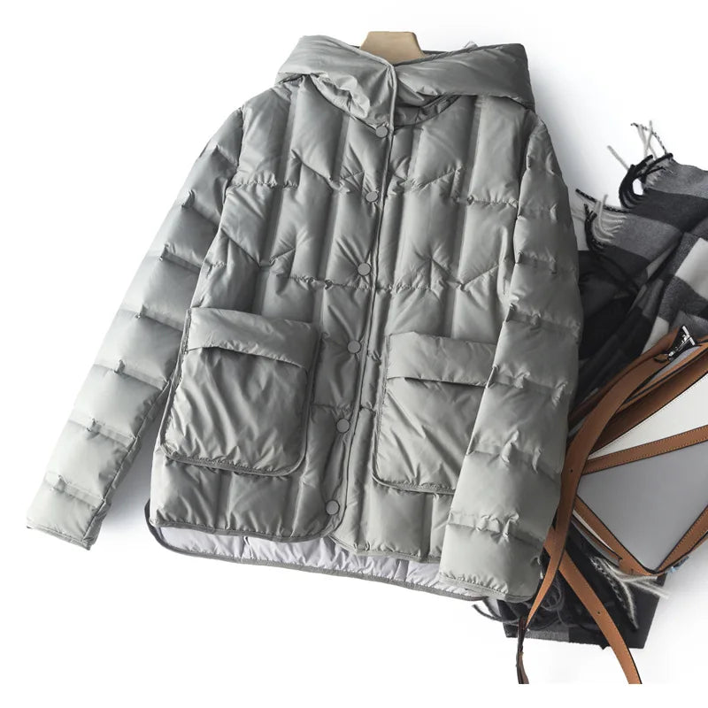 90% White Duck Down Women Down Jackets 2023 New Female Stand Collar Single-Breasted Puffer Jacket Casual Loose Hooded Parkas LadyShow.Store