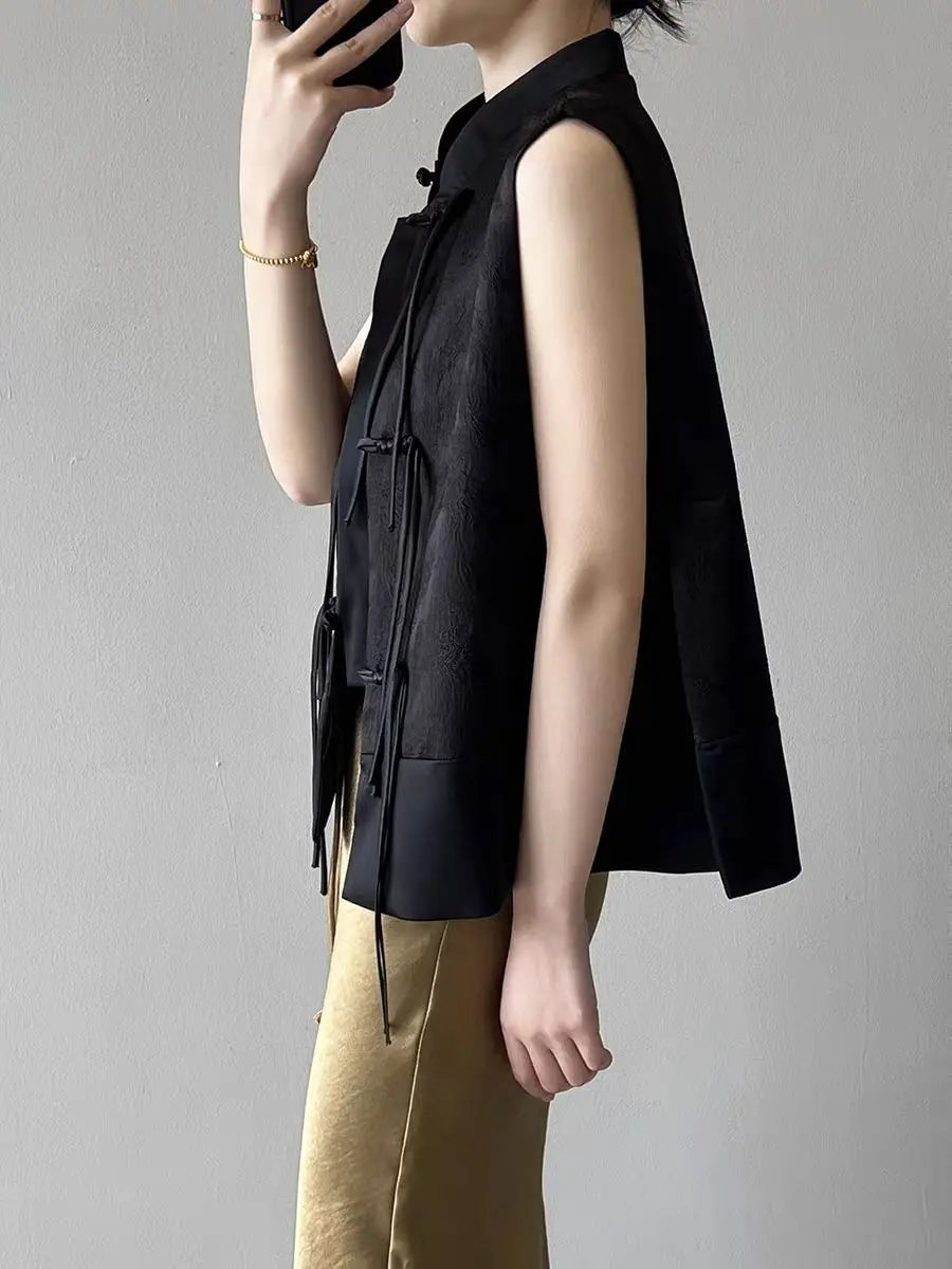 2026 spring new chinese new style plate buckle waistcoat jacket jacquard stand collar sleeveless retro women cheongsam waistcoat Pi-Mart