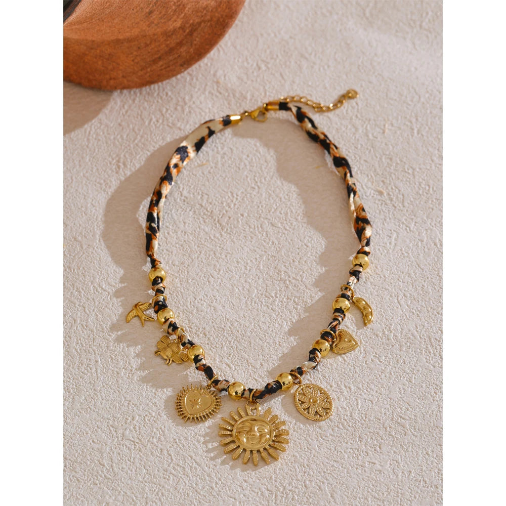 Yhpup Popular Stainless Steel Leopard Polyester Sun Flower Heart Insect Drop Collar Necklace 18K PVD Plated Fashion Jewelry Gift Pi-Mart