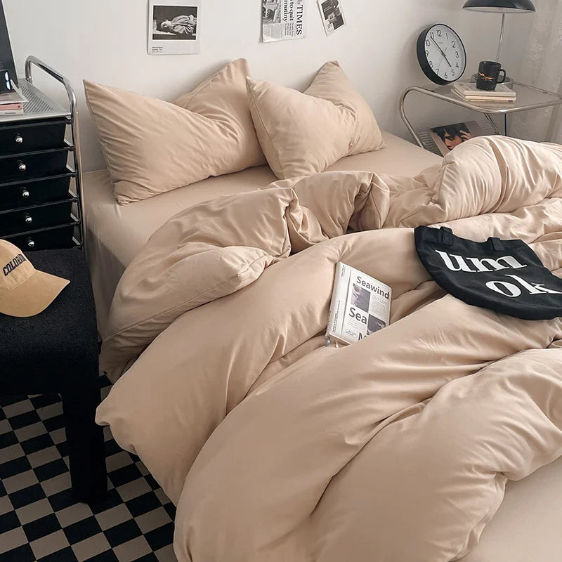 Washed Cotton Bed Linen Bedding Set 4 Pieces Bed Sheets Set Solid Color Comforter Cover Couple Queen King Size Bed Quilt Cover LadyShow.Store
