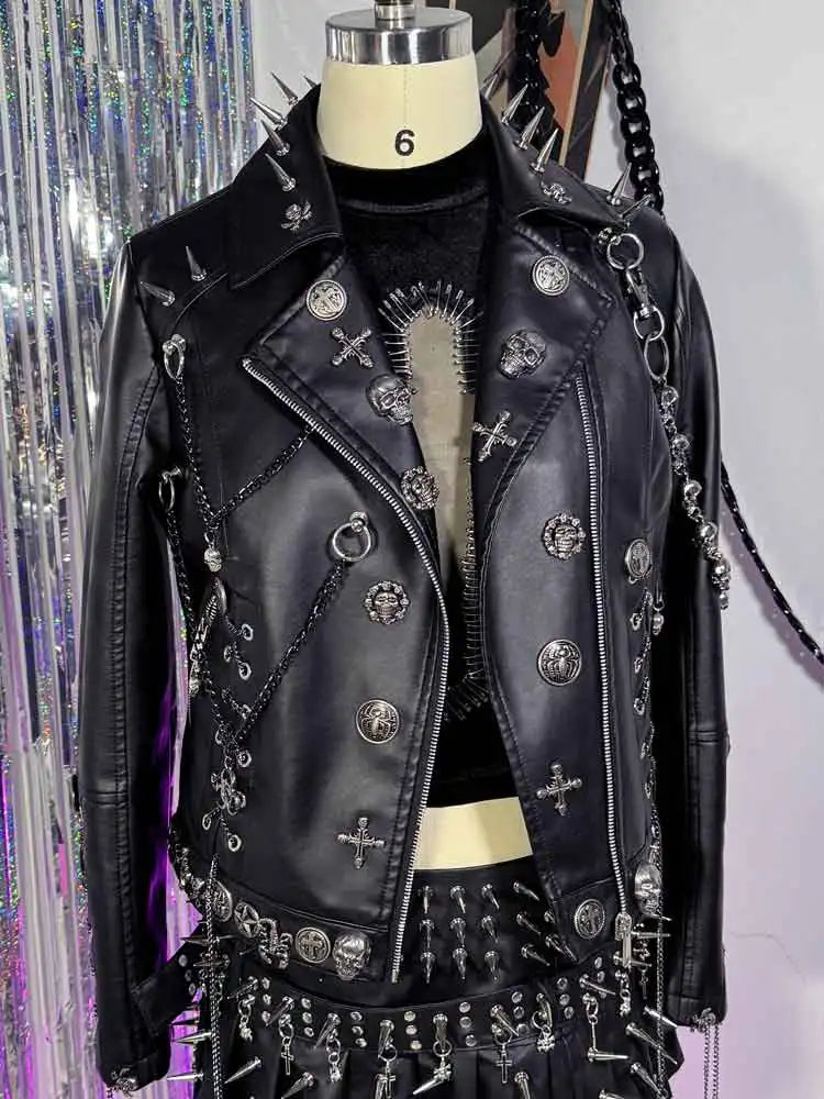 Women's Y2K Goth Black PU Leather Jacket Gothic Boho Emo Clothing with Skull Chain Punk Rock Grunge Rave Festival Coat for Teens Pi-Mart