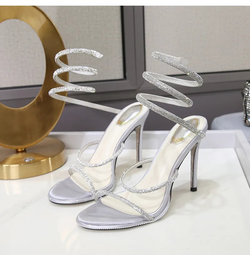 Fashion Summer Snake Twine Around Crystal Women Sandals Luxury Rhinestones Thin High heels Gladiator Sandals  Party Prom Shoes Pi-Mart
