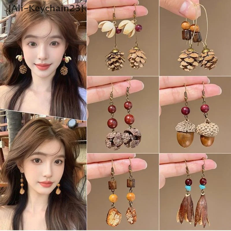 1Pair Vintage Wooden Plant Earring For Women Creative Natural Plant Dried Fruits Drop Earrings Ethnic Jewelry Pi-Mart