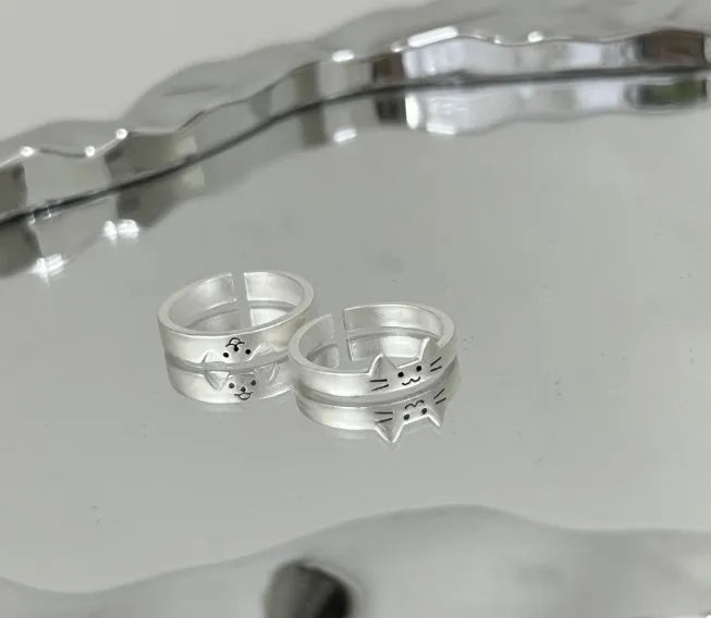 2pcs Simple Design Cute Cat Dog Animal Adjustable Couple Ring for Women Men Cartoon Fashion Couple  Friends Rings Jewelry Gifts Pi-Mart