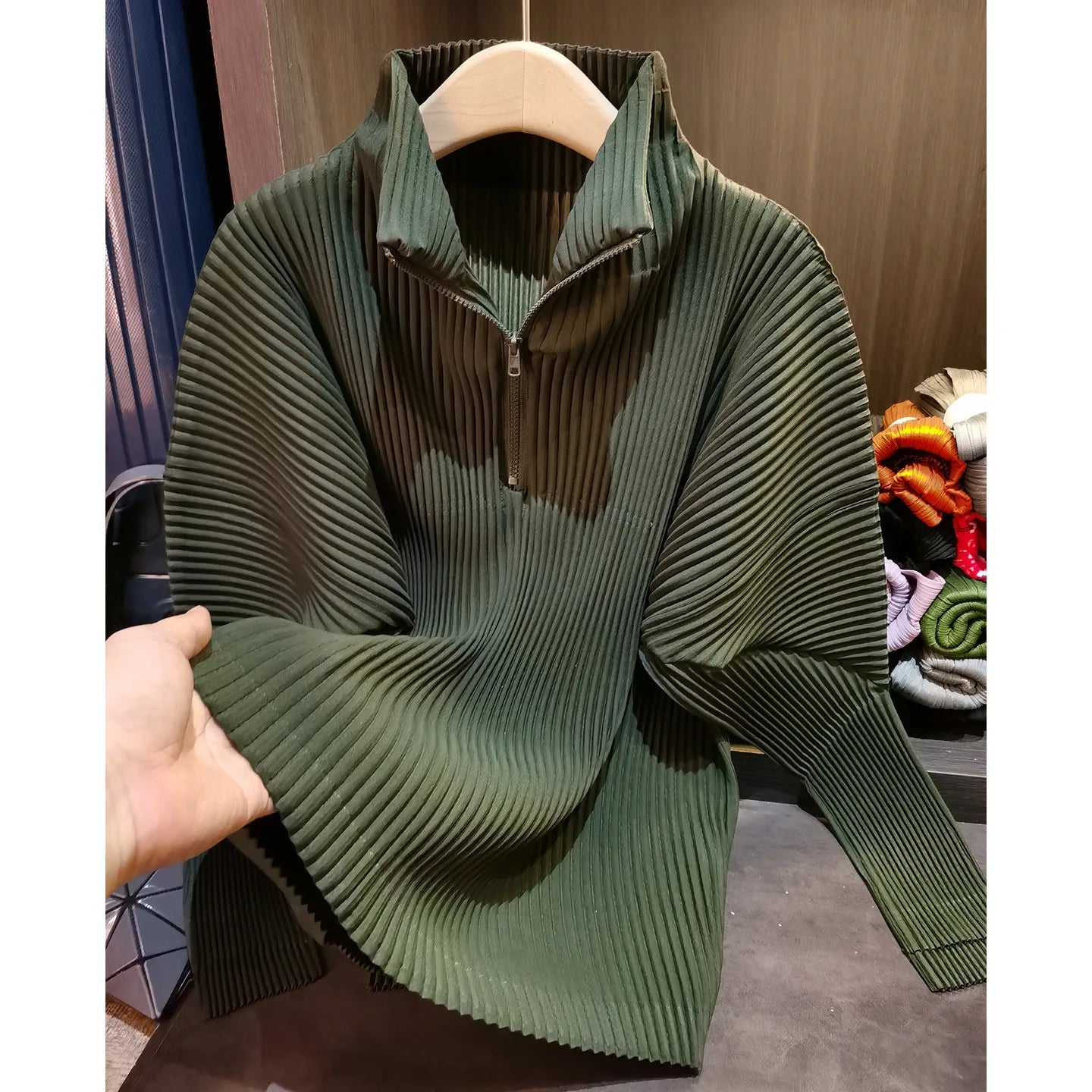 Miyake Pleated Sweatshirt Pit Stripe Zipper Standing Collar Jacket Women 2025 New Casual Pullover Hundred Pleat Skinny Tops LadyShow.Store