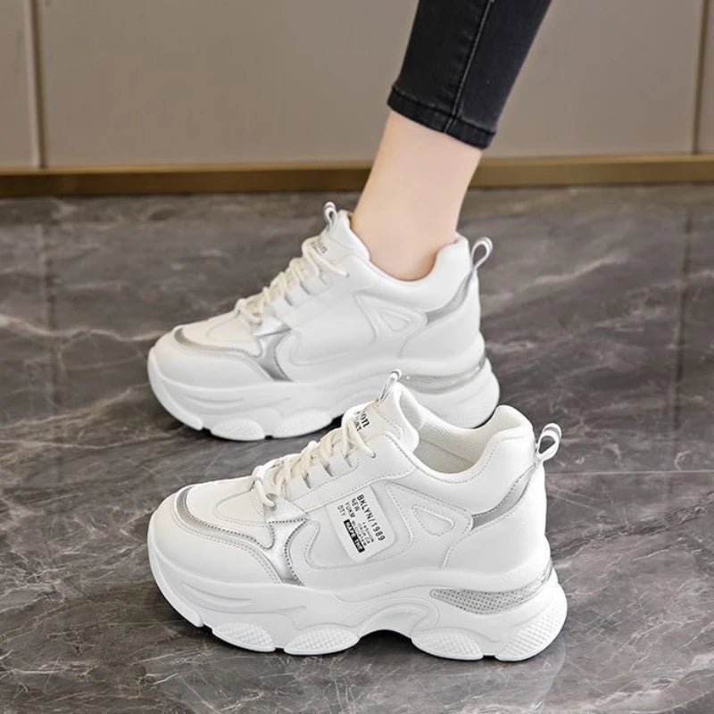 Women's Thick Soled Lightweight Sports Shoes Spring and Autumn New White Casual Women's Thick Soled Height Increasing Shoes Pi-Mart