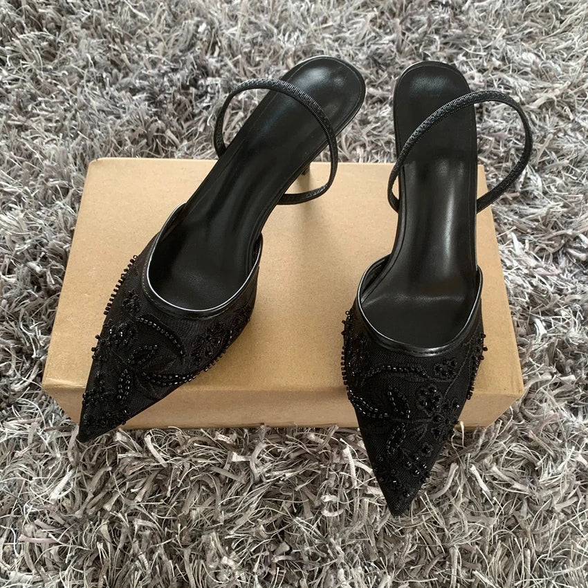 Black Embroidered Mesh Slingback High Heels Sandals for Women Designer Shoes Woman Elegant Style Wedding Party Pumps LadyShow.Store